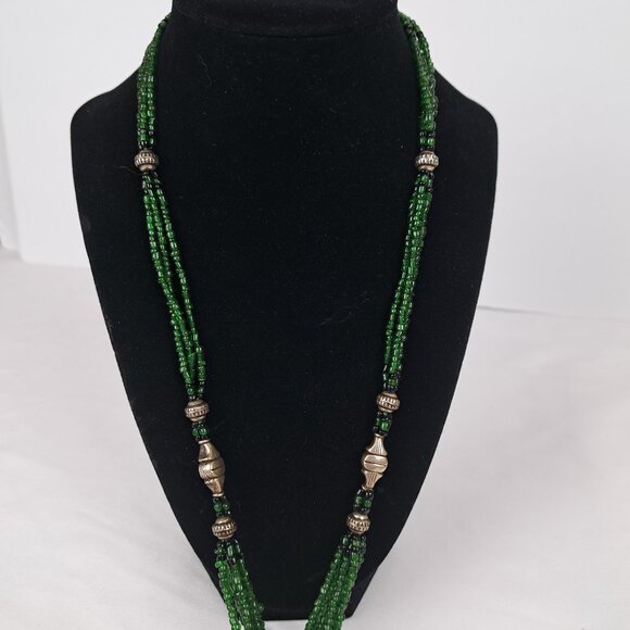 Long Multi Strand Green Glass Seed Bead Necklace w/ Silver Tone Beads - Picture 2 of 16